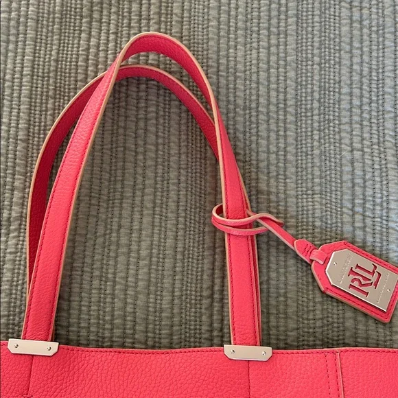 Lauren Ralph Lauren Newberry Medium Vibrant Pink Pebbled Tote Bag - Picture 11 of 14